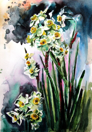 Painting titled "Narcissus florals" by Anna Brigitta Kovacs (KAB), Original Artwork, Watercolor