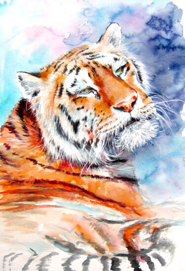 Schilderij getiteld "Resting tiger" door Anna Brigitta Kovacs (KAB), Origineel Kunstwerk, Aquarel