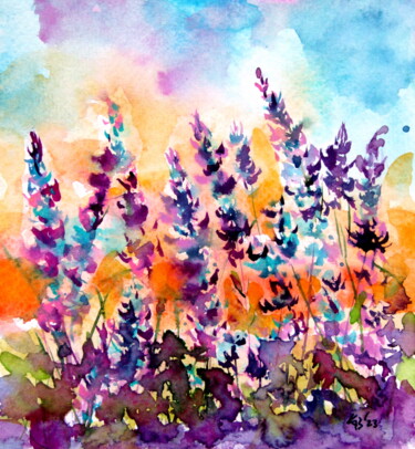 Malarstwo zatytułowany „Lavender field” autorstwa Anna Brigitta Kovacs (KAB), Oryginalna praca, Akwarela