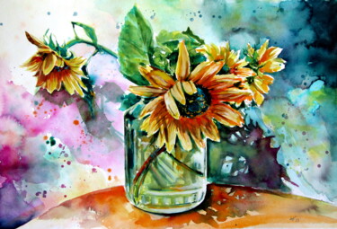 Painting titled "Sunflower still life" by Anna Brigitta Kovacs (KAB), Original Artwork, Watercolor