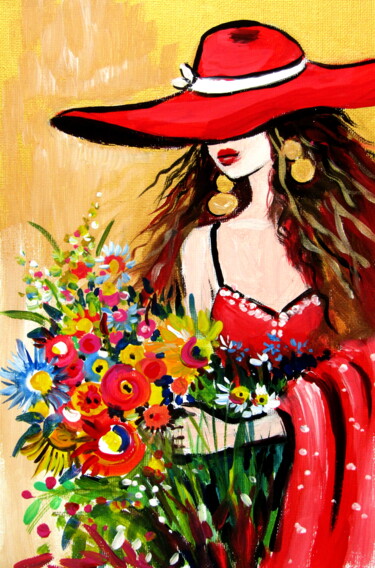 Painting titled "Girl with hat and f…" by Anna Brigitta Kovacs (KAB), Original Artwork, Acrylic