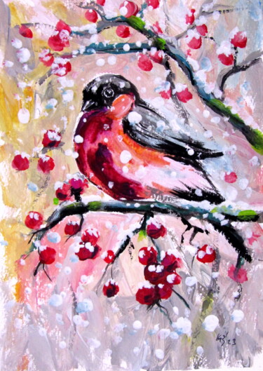 Painting titled "Snowfall with bird" by Anna Brigitta Kovacs (KAB), Original Artwork, Acrylic