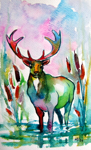 Malerei mit dem Titel "Deer in the water" von Anna Brigitta Kovacs (KAB), Original-Kunstwerk, Aquarell
