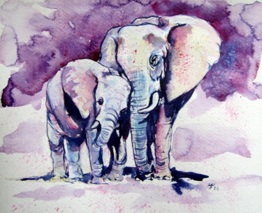 Malarstwo zatytułowany „Elephant with baby…” autorstwa Anna Brigitta Kovacs (KAB), Oryginalna praca, Akwarela