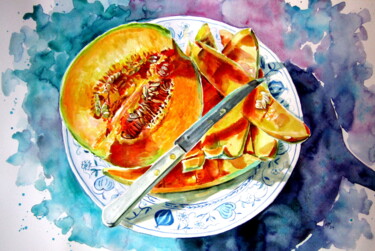Malarstwo zatytułowany „Melon still life” autorstwa Anna Brigitta Kovacs (KAB), Oryginalna praca, Akwarela