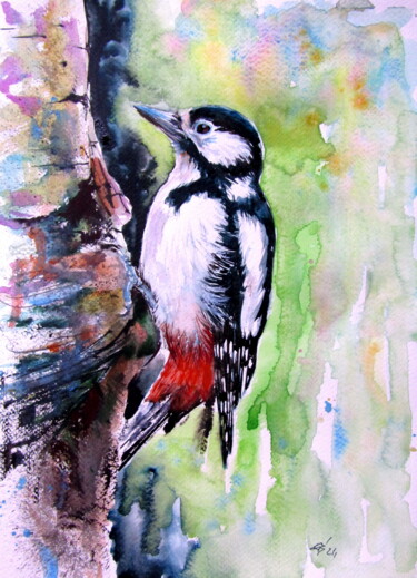 Malerei mit dem Titel "Woodpecker working" von Anna Brigitta Kovacs (KAB), Original-Kunstwerk, Aquarell