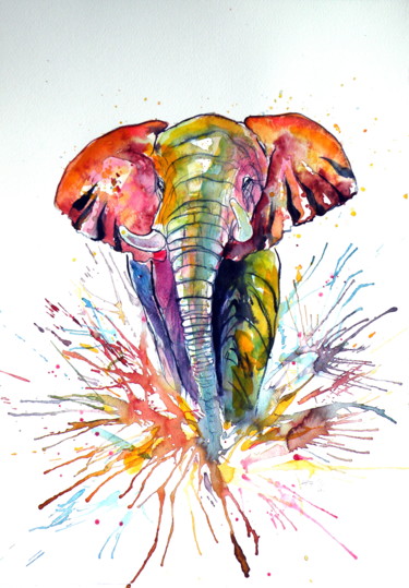 Painting titled "Elephant in colours" by Anna Brigitta Kovacs (KAB), Original Artwork, Watercolor