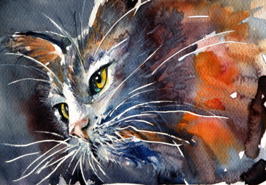 Картина под названием "Cat" - Anna Brigitta Kovacs (KAB), Подлинное произведение искусства, Акварель