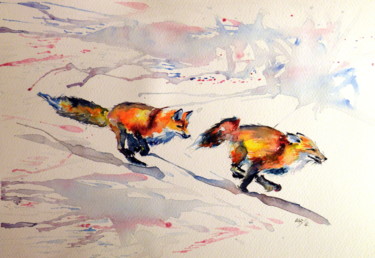 Painting titled "Playing red foxes" by Anna Brigitta Kovacs (KAB), Original Artwork, Watercolor