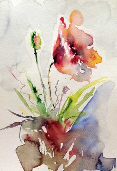 Painting titled "Poppy" by Anna Brigitta Kovacs (KAB), Original Artwork, Watercolor