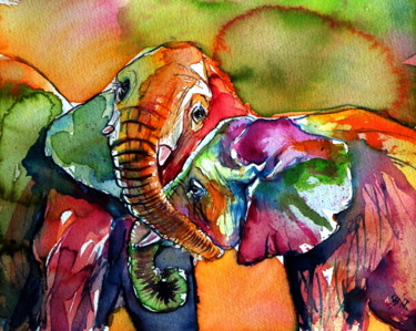 Картина под названием "Cute elephants" - Anna Brigitta Kovacs (KAB), Подлинное произведение искусства, Акварель