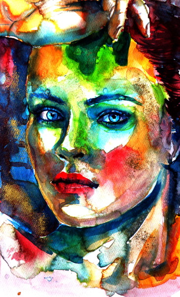 Painting titled "Colorful girl with…" by Anna Brigitta Kovacs (KAB), Original Artwork, Watercolor