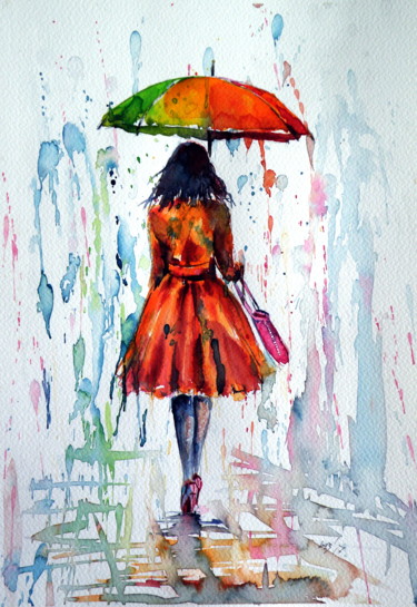 Pintura intitulada "Colorful rain" por Anna Brigitta Kovacs (KAB), Obras de arte originais, Aquarela