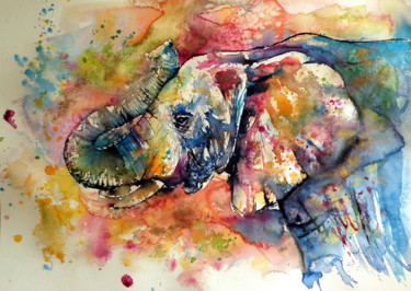 Картина под названием "Elephant" - Anna Brigitta Kovacs (KAB), Подлинное произведение искусства, Акварель