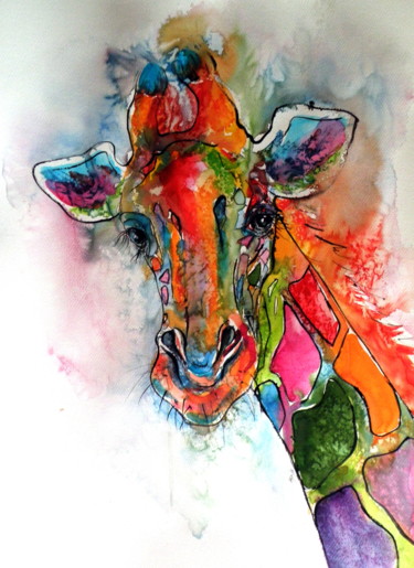 Schilderij getiteld "Giraffe" door Anna Brigitta Kovacs (KAB), Origineel Kunstwerk, Aquarel