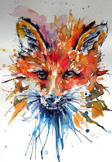 Painting titled "Red fox" by Anna Brigitta Kovacs (KAB), Original Artwork, Watercolor