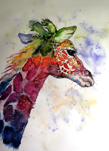 Schilderij getiteld "Funny giraffe" door Anna Brigitta Kovacs (KAB), Origineel Kunstwerk, Aquarel