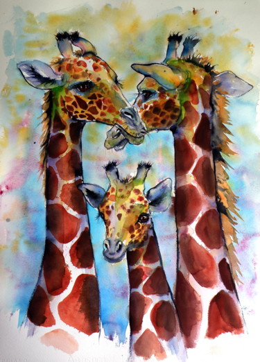 Malerei mit dem Titel "Giraffe family" von Anna Brigitta Kovacs (KAB), Original-Kunstwerk, Aquarell