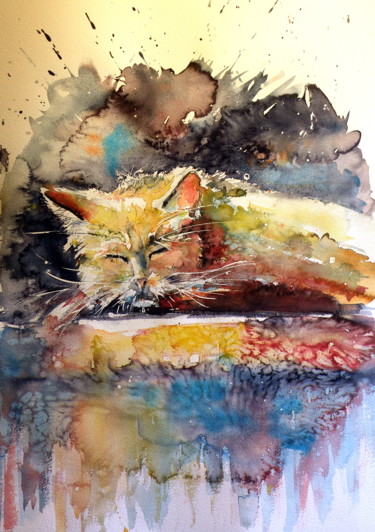 Painting titled "Old cat resting" by Anna Brigitta Kovacs (KAB), Original Artwork, Watercolor