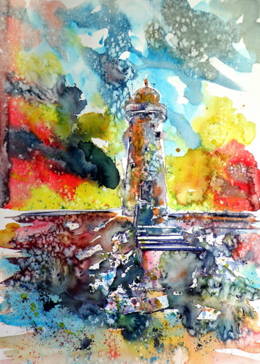 Painting titled "Lighthouse after st…" by Anna Brigitta Kovacs (KAB), Original Artwork, Watercolor