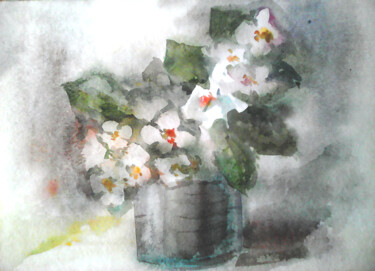 Картина под названием "Blooming jasmine on…" - Kovalen, Подлинное произведение искусства, Акварель
