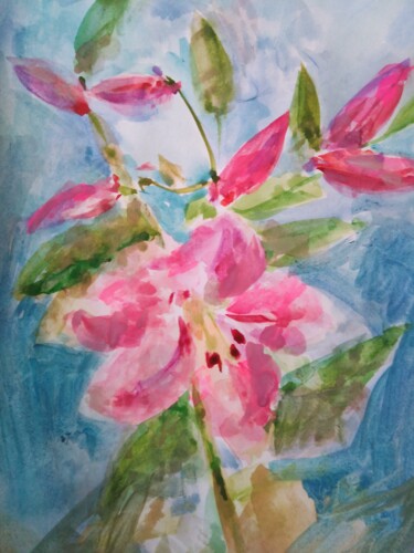 Painting titled "pink lilies" by Kovalen, Original Artwork, Gouache