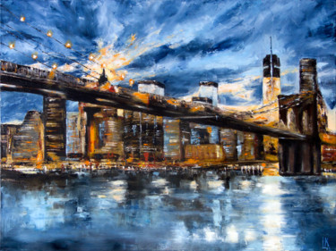 Painting titled "Brooklyn Bridge - N…" by Ludmila Kovalenko, Original Artwork, Oil Mounted on Wood Stretcher frame