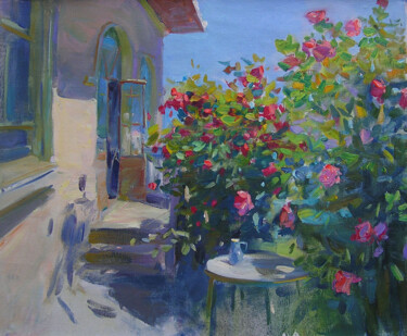 Painting titled "roses in the garden" by Serhii Kovalenko, Original Artwork, Oil