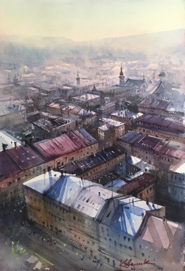Painting titled ""View of Lviv from…" by Andrei Kovalik, Original Artwork, Watercolor