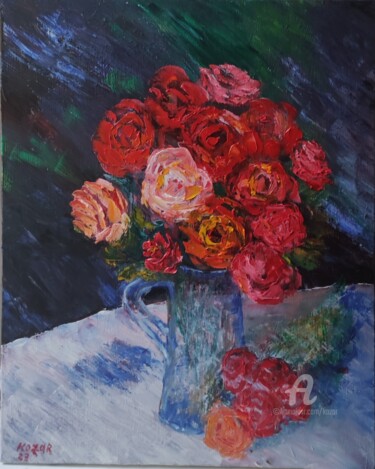 Картина под названием "Des roses le soir" - Kozar, Подлинное произведение искусства, Масло Установлен на Деревянная рама для…