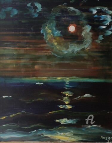 Painting titled "Море. Лунная ночь" by Kozar, Original Artwork, Oil Mounted on Wood Stretcher frame