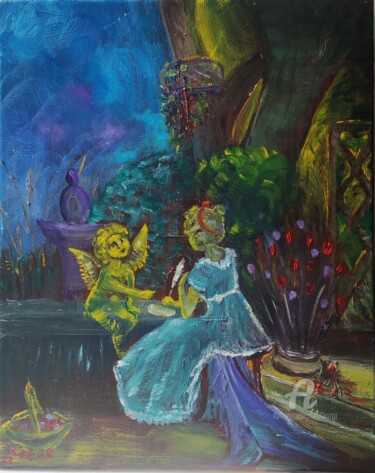 Pintura intitulada "Лунная ночь в саду" por Kozar, Obras de arte originais, Óleo Montado em Armação em madeira