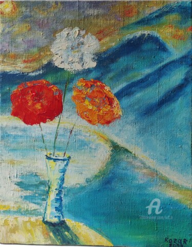 Painting titled "Fleurs dans les mon…" by Kozar, Original Artwork, Oil Mounted on Wood Stretcher frame