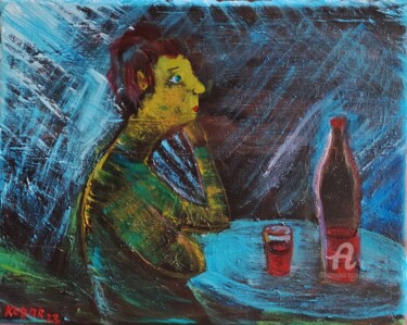 Schilderij getiteld "femme à la table de…" door Kozar, Origineel Kunstwerk, Olie Gemonteerd op Frame voor houten brancard