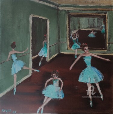 Painting titled "Ballerines en classe" by Kozar, Original Artwork, Oil Mounted on Wood Stretcher frame