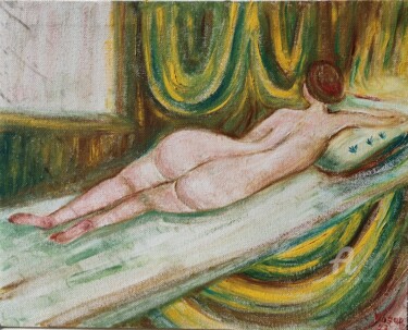 Painting titled "Nu dans un intérieu…" by Kozar, Original Artwork, Oil Mounted on Wood Stretcher frame