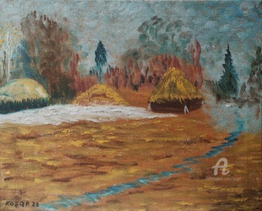 Painting titled "Paysage ukrainien a…" by Kozar, Original Artwork, Oil Mounted on Wood Stretcher frame