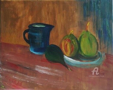 Painting titled "Nature morte aux po…" by Kozar, Original Artwork, Oil Mounted on Wood Stretcher frame