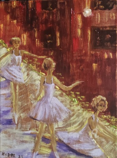 Painting titled "Ballerinаs on stage" by Kozar, Original Artwork, Oil Mounted on Wood Stretcher frame