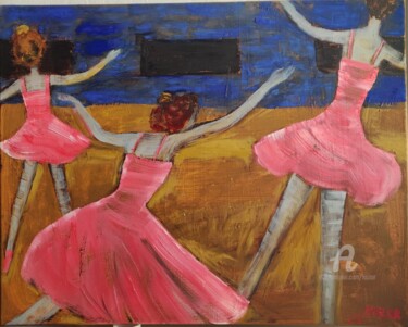 Schilderij getiteld "Ballerines in rose" door Kozar, Origineel Kunstwerk, Olie Gemonteerd op Frame voor houten brancard