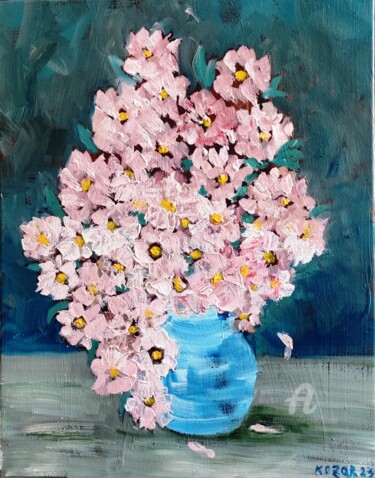 Painting titled "Fleurs roses" by Kozar, Original Artwork, Oil Mounted on Wood Stretcher frame