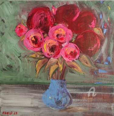 Ζωγραφική με τίτλο "Roses dans un vase…" από Kozar, Αυθεντικά έργα τέχνης, Λάδι Τοποθετήθηκε στο Ξύλινο φορείο σκελετό