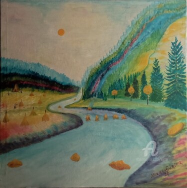 Painting titled "Paysage autumn" by Kozar, Original Artwork, Oil Mounted on Wood Stretcher frame