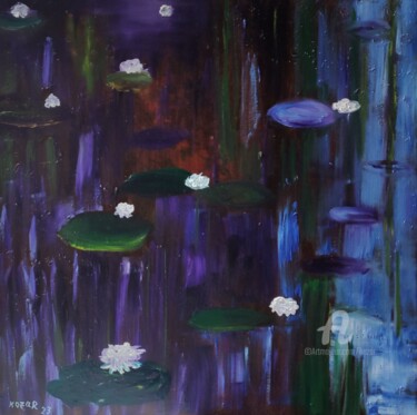 Painting titled "NÉNUPHARS waterlili…" by Kozar, Original Artwork, Oil Mounted on Wood Stretcher frame