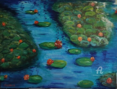 Painting titled "Nénuphars waterlili…" by Kozar, Original Artwork, Oil Mounted on Wood Stretcher frame