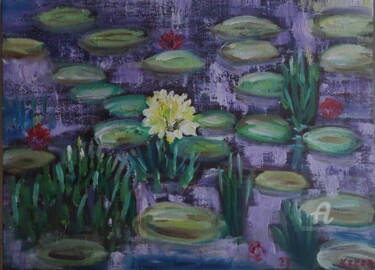 Painting titled "NÉNUPHARS waterlili…" by Kozar, Original Artwork, Oil Mounted on Wood Stretcher frame