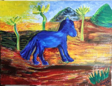 Painting titled "Cheval bleu" by Kozar, Original Artwork, Oil Mounted on Wood Stretcher frame