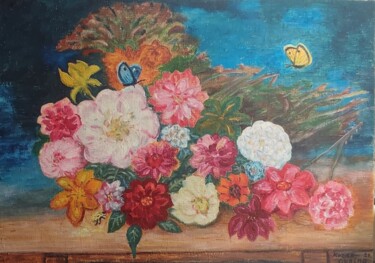 Painting titled "Fleurs du jardin de…" by Kozar, Original Artwork, Oil Mounted on Wood Stretcher frame