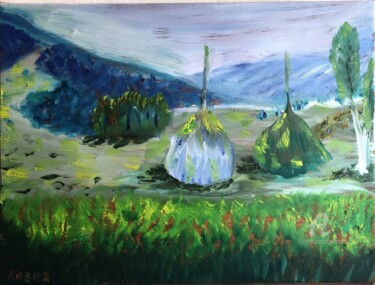 Malerei mit dem Titel "hay foin en montagne" von Kozar, Original-Kunstwerk, Öl Auf Keilrahmen aus Holz montiert