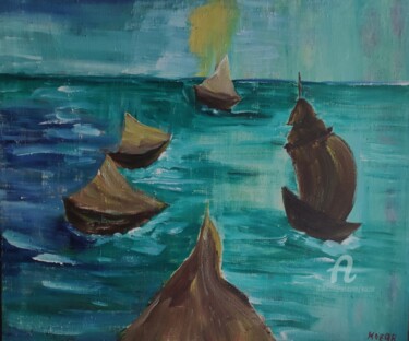 Painting titled "sea, mer, ships oil…" by Kozar, Original Artwork, Oil Mounted on Wood Stretcher frame